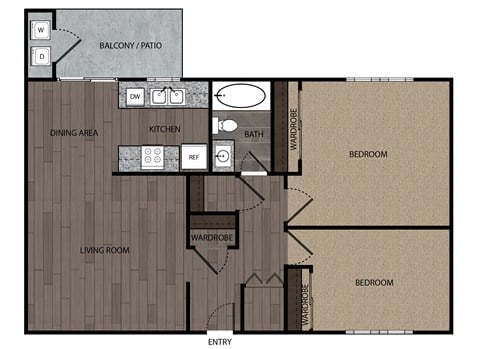 Floor plan for 2 beds, 1 bath, 760 sqft